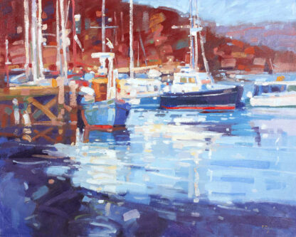 The image is a colorful painting of sailboats docked in a marina with vibrant reflections on the water. By Peter Foyle