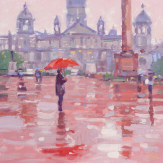 A painting of individuals walking on a rainy day with reflections on the wet ground, featuring a prominent red umbrella. By Peter Foyle