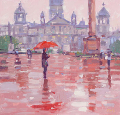 A painting of individuals walking on a rainy day with reflections on the wet ground, featuring a prominent red umbrella. By Peter Foyle