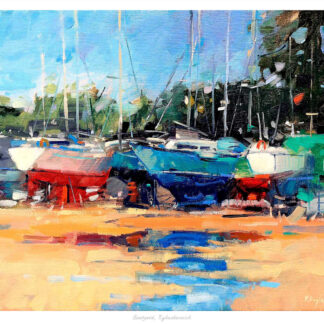 The image displays a colorful painting of boats moored at a dock, reflecting on the water under a bright, blue sky. By Peter Foyle