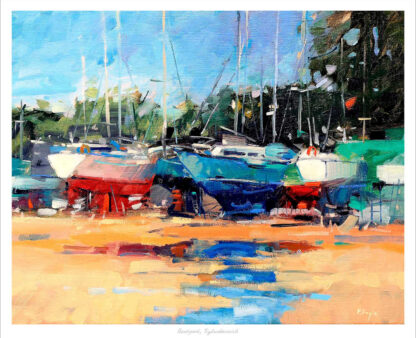 The image displays a colorful painting of boats moored at a dock, reflecting on the water under a bright, blue sky. By Peter Foyle