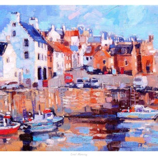 The image shows a colorful impressionist-style painting of a harbor with boats and buildings. By Peter Foyle