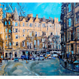 The image depicts a vibrant, impressionistic painting of a bustling street scene with buildings, cars, and hints of pedestrians under a clear blue sky. By Peter Foyle