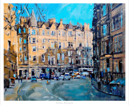 The image depicts a vibrant, impressionistic painting of a bustling street scene with buildings, cars, and hints of pedestrians under a clear blue sky. By Peter Foyle