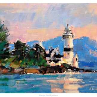 A vibrant painting of a lighthouse by the sea during evening with vivid brushstrokes showcasing the sky, water, and surrounding landscape. By Peter Foyle