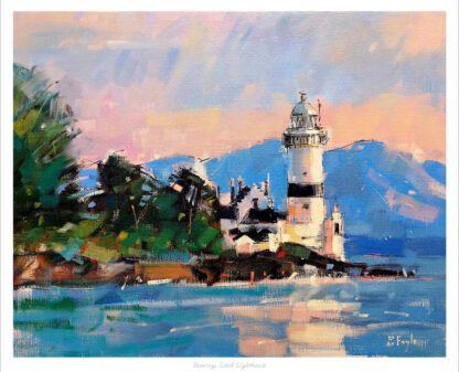 A vibrant painting of a lighthouse by the sea during evening with vivid brushstrokes showcasing the sky, water, and surrounding landscape. By Peter Foyle