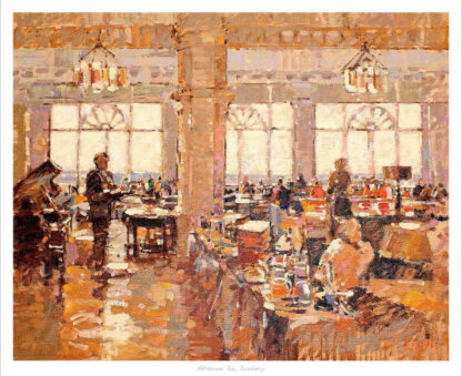 The image depicts an impressionistic painting of a bustling indoor scene, possibly a cafe or restaurant, with patrons seated at tables and an ornate ceiling above. By Peter Foyle