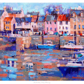 A colorful, impressionistic painting of a quaint harbour with boats and buildings reflecting on the water. By Peter Foyle