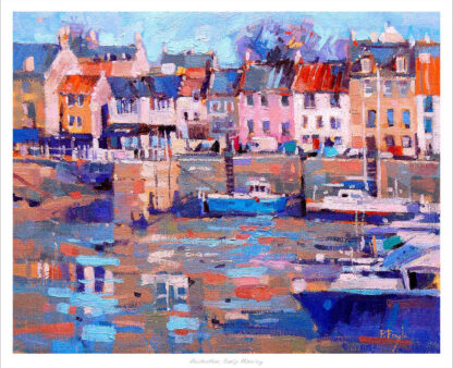 A colorful, impressionistic painting of a quaint harbour with boats and buildings reflecting on the water. By Peter Foyle