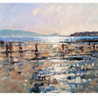 The image is a painting depicting several people scattered across a beach, with reflections on wet sand and a hazy background suggestive of the sea and skyline. By Peter Foyle