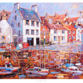 This is an image of a vibrant, colorful painting depicting a coastal town scene with boats moored in the harbor and buildings in the background. By Peter Foyle