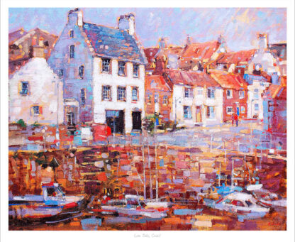 This is an image of a vibrant, colorful painting depicting a coastal town scene with boats moored in the harbor and buildings in the background. By Peter Foyle