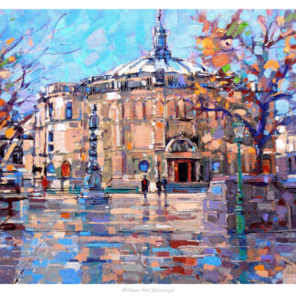 An impressionist-style painting depicting a city scene with a domed building and people, likely on a sunny day with blue skies and shadows on the ground. By Peter Foyle
