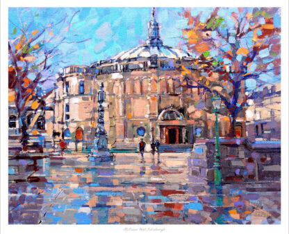 An impressionist-style painting depicting a city scene with a domed building and people, likely on a sunny day with blue skies and shadows on the ground. By Peter Foyle