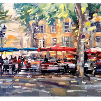 A colorful impressionist-style painting of a bustling outdoor café scene with buildings and trees in the background. By Peter Foyle