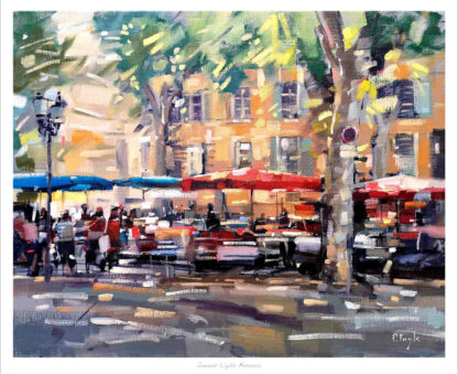 A colorful impressionist-style painting of a bustling outdoor café scene with buildings and trees in the background. By Peter Foyle