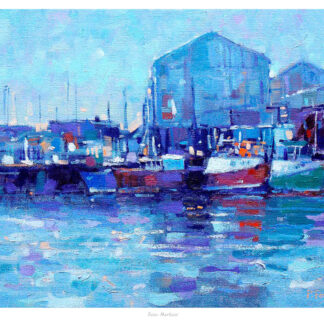 A vibrant, impressionistic painting of boats at a harbor with buildings in the background and reflections on the water. By Peter Foyle