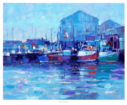 A vibrant, impressionistic painting of boats at a harbor with buildings in the background and reflections on the water. By Peter Foyle