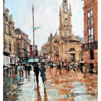 A painting of people walking on a rainy street in Glasgow with historical buildings and a clock tower in the background. By Peter Foyle