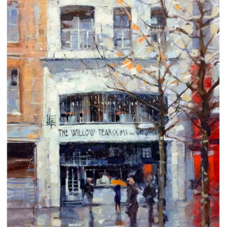 A painting depicting pedestrians walking in front of the Willow Tearooms in Glasgow under a gray sky, with bare trees and a cityscape backdrop. By Peter Foyle