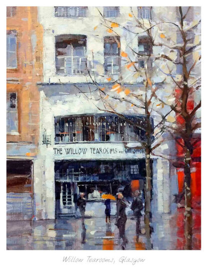 A painting depicting pedestrians walking in front of the Willow Tearooms in Glasgow under a gray sky, with bare trees and a cityscape backdrop. By Peter Foyle