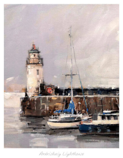 A painting of a sailboat moored by a jetty near Ardnamharg Lighthouse under cloudy skies. By Peter Foyle