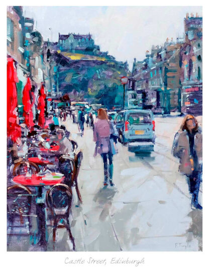A vibrant painting of Castle Street in Edinburgh, featuring pedestrians, outdoor seating, and vehicles under a cloudy sky. By Peter Foyle