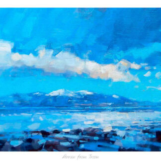 A vibrant blue painting depicting a serene landscape with a water body and mountains under a sky with wispy clouds. By Peter Foyle