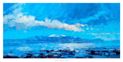 A vibrant blue painting depicting a serene landscape with a water body and mountains under a sky with wispy clouds. By Peter Foyle