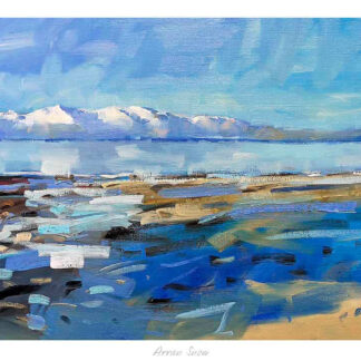 A vibrant painting of a coastal landscape with blue skies, clouds, distant mountains, and a rocky shoreline. By Peter Foyle