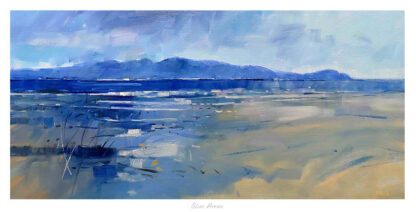 A serene blue-toned painting depicting a wide, calm seascape with reflections on water and a mountain range in the distance. By Peter Foyle