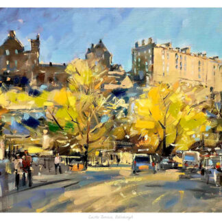 The image is a vibrant painting of a bustling street scene with people and cars, with Edinburgh Castle in the background under a bright sky. By Peter Foyle
