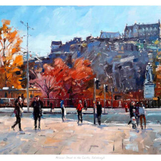A vibrant painting depicting a lively street scene with pedestrians, vehicles, trees in autumn color, and a grand building in the background. By Peter Foyle