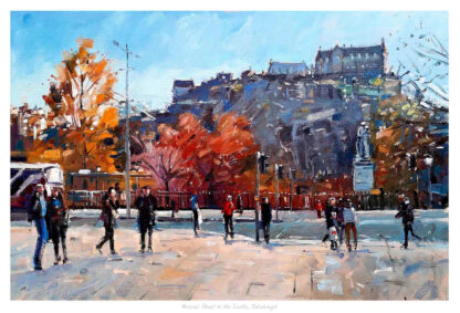 A vibrant painting depicting a lively street scene with pedestrians, vehicles, trees in autumn color, and a grand building in the background. By Peter Foyle