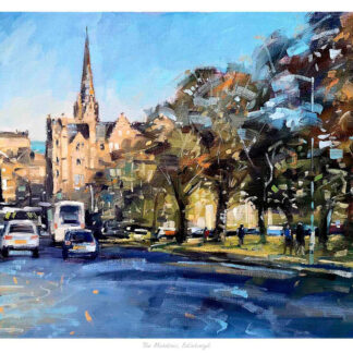 The image is a vibrant, impressionistic painting of a bustling street scene in Edinburgh with vehicles and the spire of a historic building in the background. By Peter Foyle