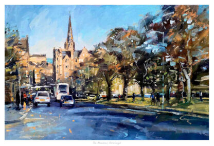 The image is a vibrant, impressionistic painting of a bustling street scene in Edinburgh with vehicles and the spire of a historic building in the background. By Peter Foyle