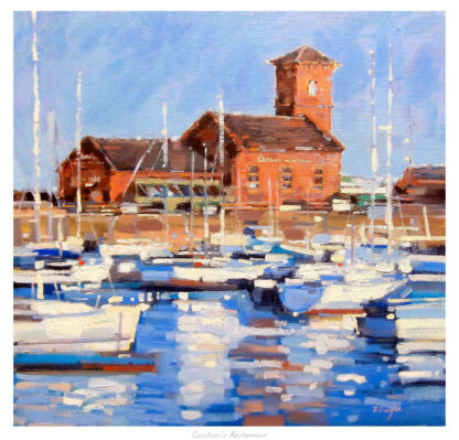 A painting of a harbor with boats and a building with a clock tower under a blue sky. By Peter Foyle