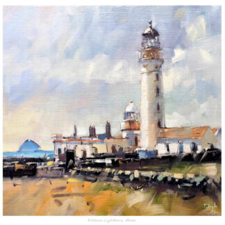 A painting of a coastal scene featuring a prominent lighthouse under a cloudy sky with rocky foreground. By Peter Foyle