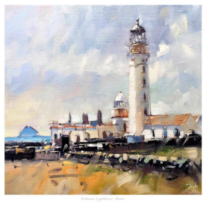 A painting of a coastal scene featuring a prominent lighthouse under a cloudy sky with rocky foreground. By Peter Foyle