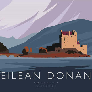 Illustration of Eilean Donan Castle in Lochalsh with mountains in the background and stylized clouds above. By Peter McDermott