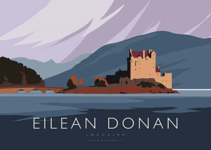 Illustration of Eilean Donan Castle in Lochalsh with mountains in the background and stylized clouds above. By Peter McDermott