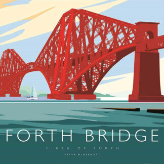 A stylized illustration of the Forth Bridge over water with a sailboat passing underneath and text labels. By Peter McDermott