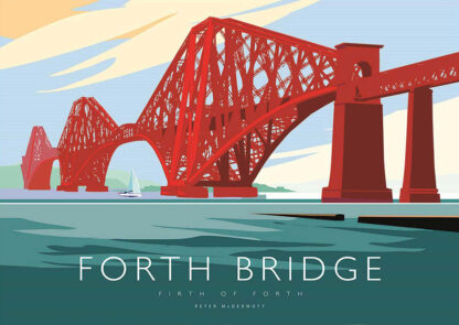 A stylized illustration of the Forth Bridge over water with a sailboat passing underneath and text labels. By Peter McDermott