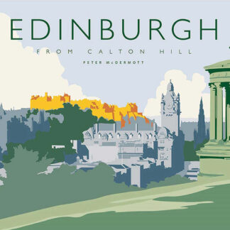 A stylized artistic depiction of Edinburgh's skyline from Calton Hill, featuring notable architecture and a green/gray color palette. By Peter McDermott