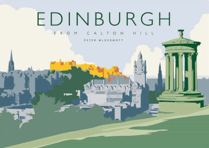 A stylized artistic depiction of Edinburgh's skyline from Calton Hill, featuring notable architecture and a green/gray color palette. By Peter McDermott