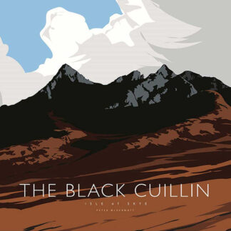 A stylized graphic poster depicting the Black Cuillin mountains on the Isle of Skye with bold text at the bottom. By Peter McDermott