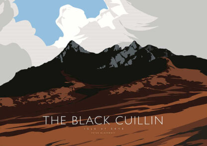 A stylized graphic poster depicting the Black Cuillin mountains on the Isle of Skye with bold text at the bottom. By Peter McDermott