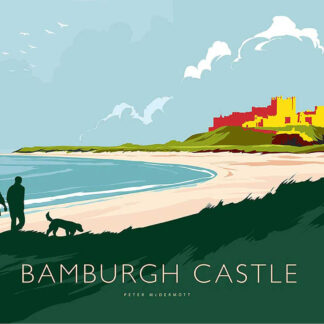 Two people and a dog on a beach with Bamburgh Castle in the background under a cloudy sky. By Peter McDermott