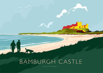 Two people and a dog on a beach with Bamburgh Castle in the background under a cloudy sky. By Peter McDermott