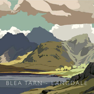 A stylized landscape depicting Blea Tarn in Langdale with mountains, water, and a blend of earthy colors. By Peter McDermott